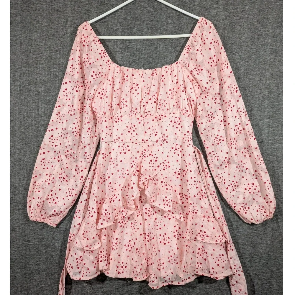 Blue Rain Francescas Heart Print Ruffle Mini Dress Pink Long Sleeve Sz XS NWT